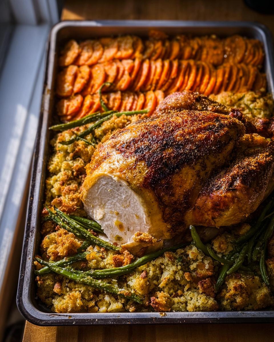 A whole roasted chicken with stuffing, green beans, and sliced sweet potatoes in a single baking pan, representing One-Pan Thanksgiving Desserts.