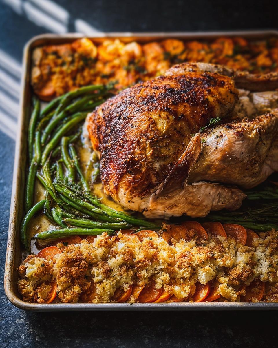 A whole roasted chicken with green beans and sweet potato casserole on a single baking sheet, showcasing One-Pan Thanksgiving Desserts.