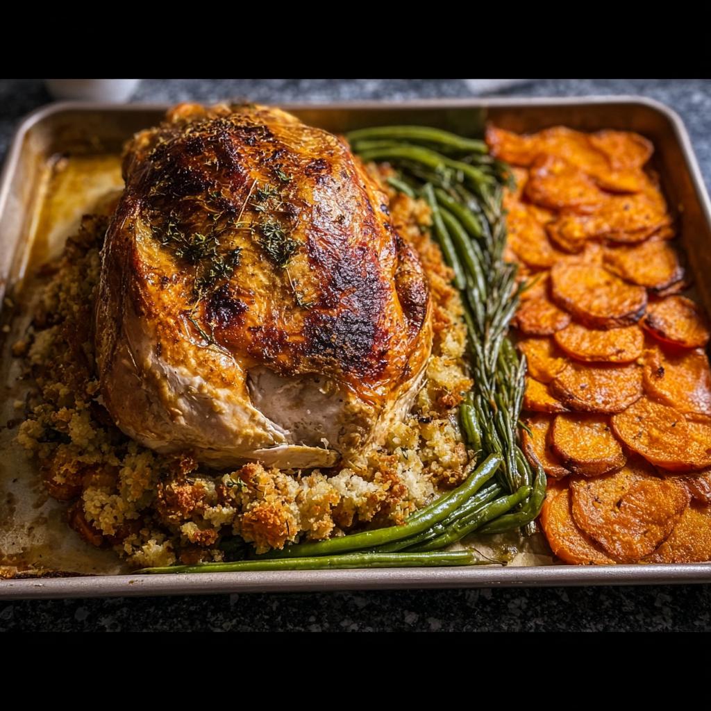 A golden-brown roasted chicken sits on a bed of stuffing, surrounded by green beans and sliced sweet potatoes on a baking sheet, showcasing one-pan Thanksgiving desserts.