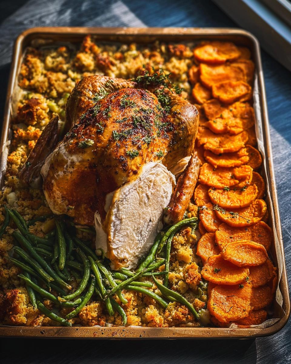 A whole roasted turkey with stuffing, green beans, and sliced sweet potatoes on a single baking sheet, representing one-pan Thanksgiving desserts.