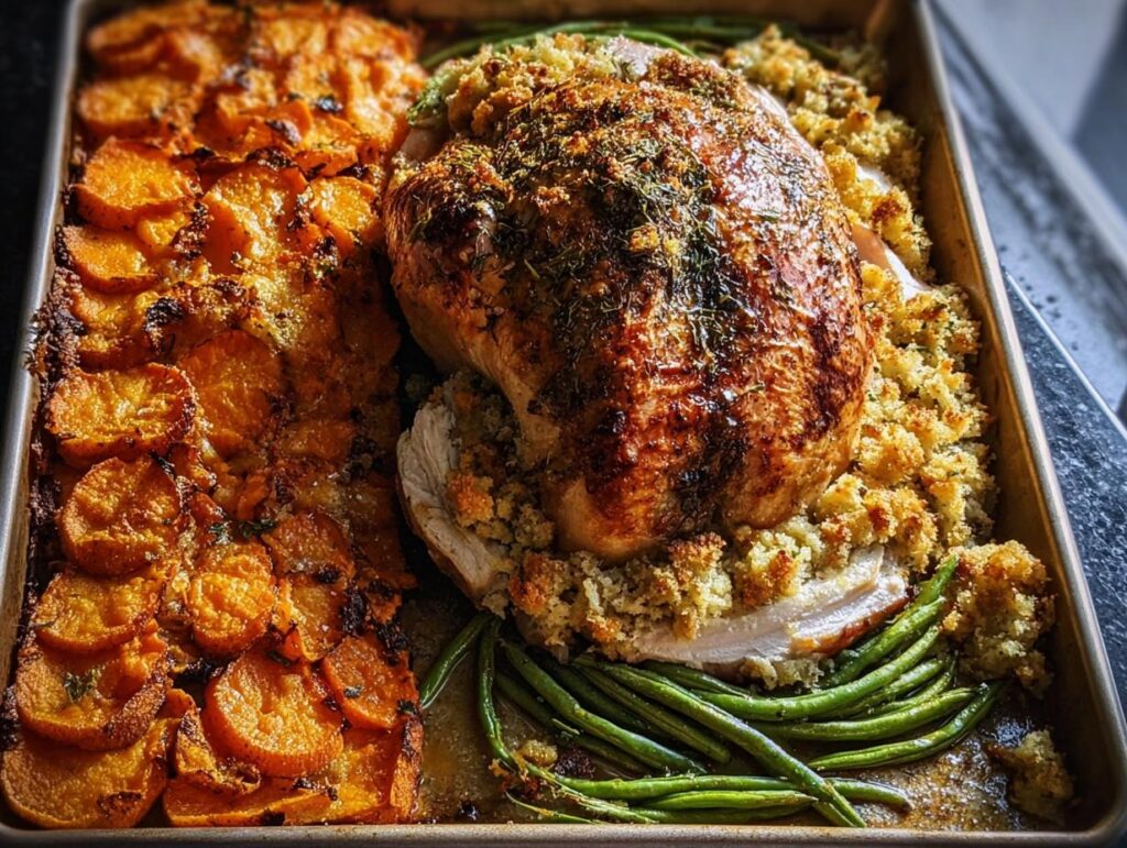 A whole roasted turkey with stuffing, surrounded by roasted sweet potatoes and green beans on a single baking sheet, representing one-pan Thanksgiving desserts.