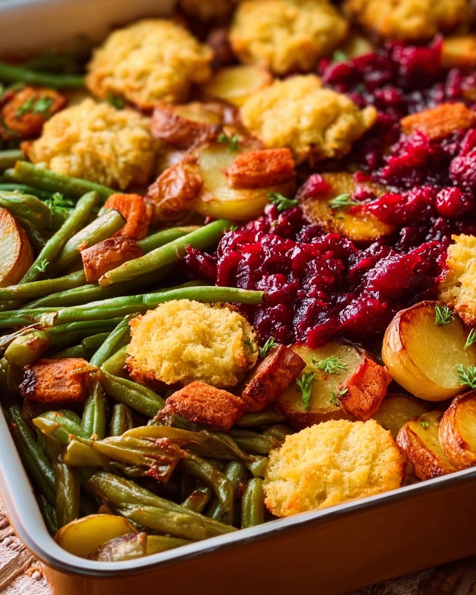 Close-up of a festive one-pan Thanksgiving green beans dish with roasted potatoes, cranberry sauce, and cornbread pieces.