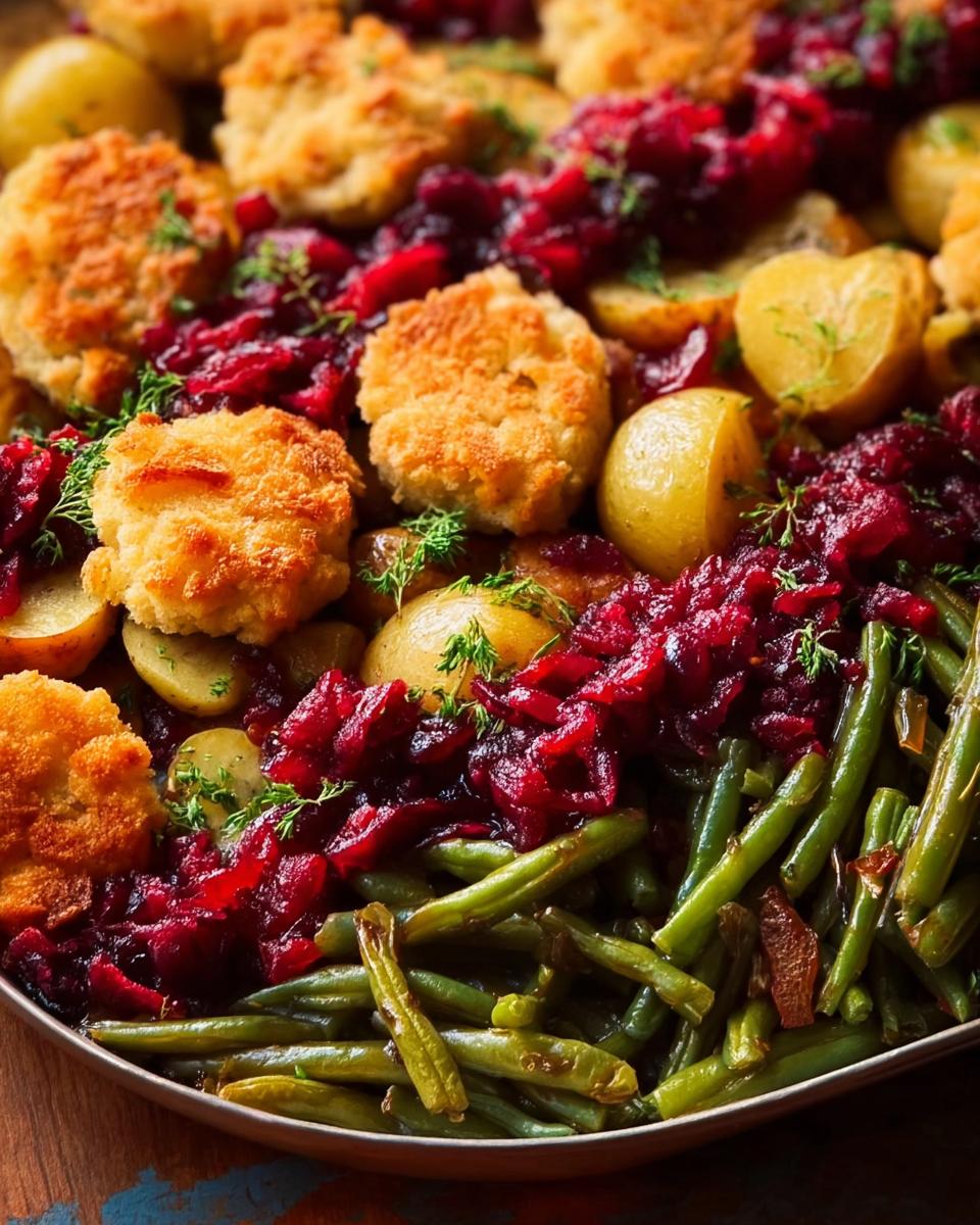 A close-up of a one-pan Thanksgiving dish featuring green beans, potatoes, cranberry sauce, and golden-brown biscuits.
