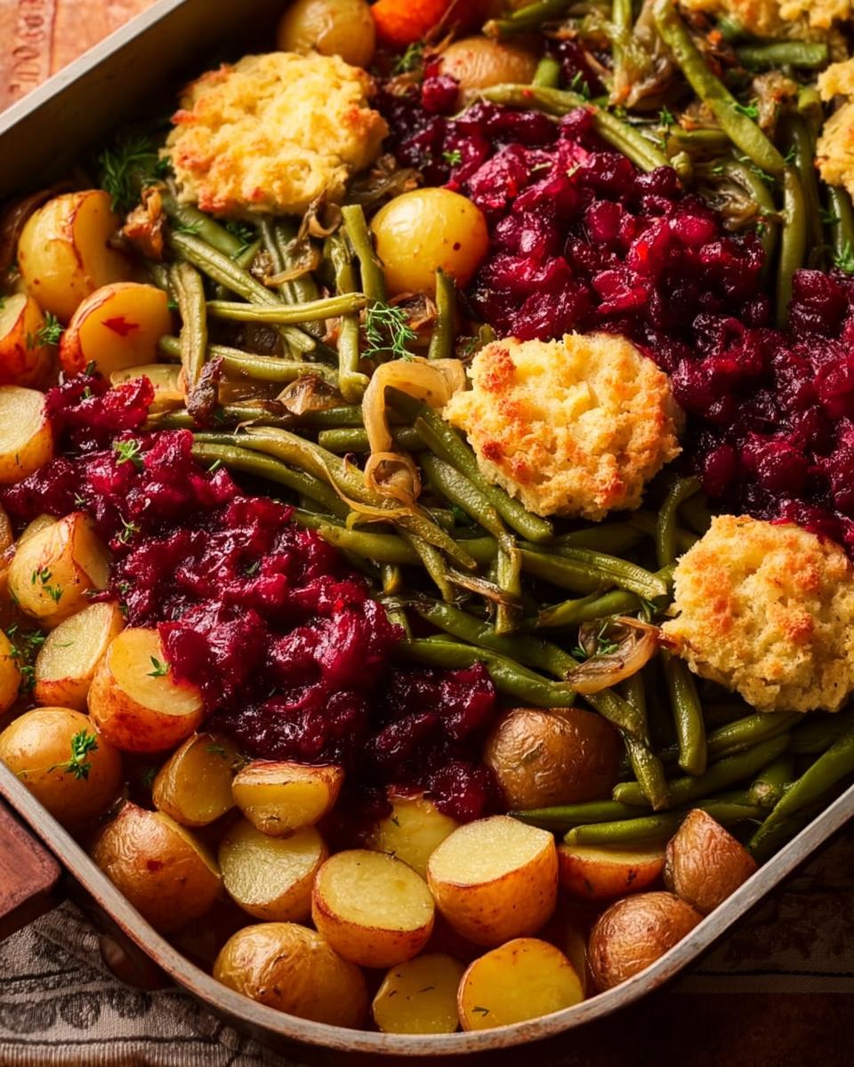 Close-up of one-pan Thanksgiving green beans with roasted potatoes, dollops of cranberry sauce, and golden biscuits.