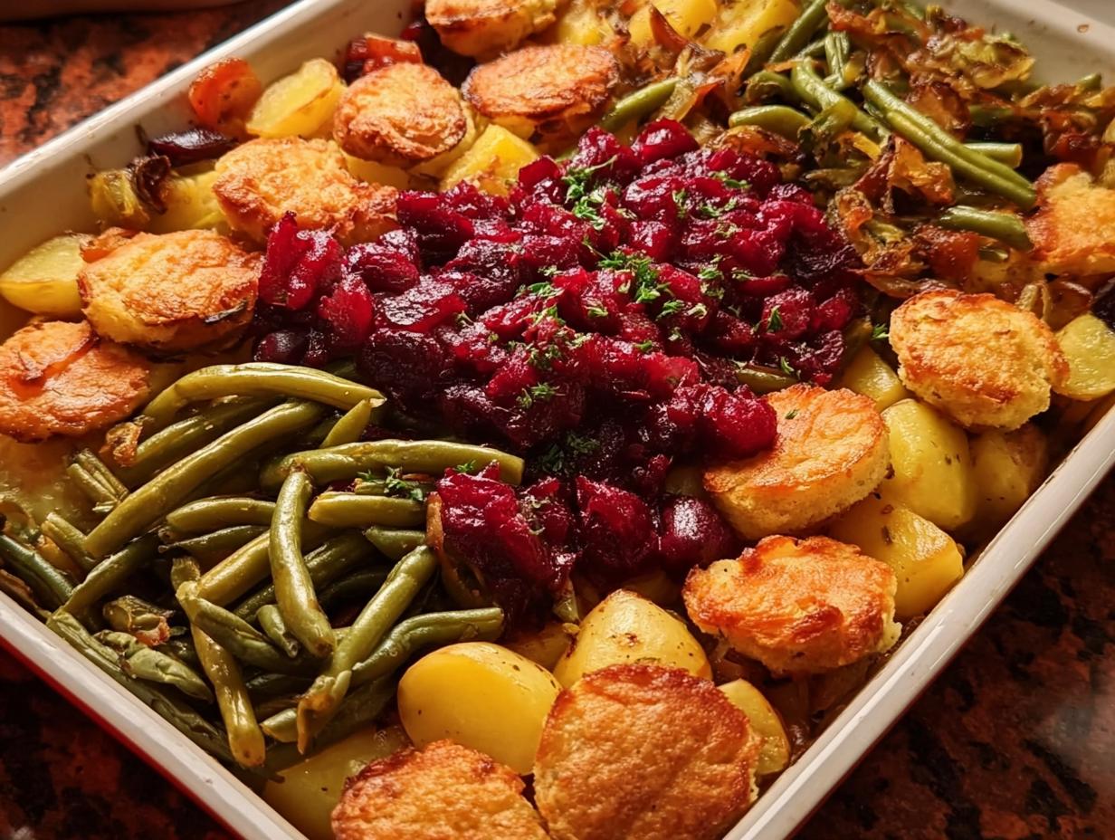 A close-up of a white baking dish filled with One-Pan Thanksgiving Green Beans, roasted potatoes, and cranberry sauce.