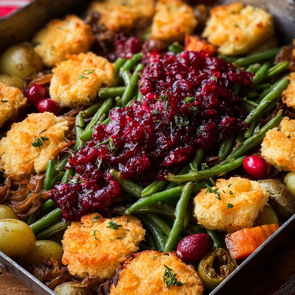Close-up of a one-pan Thanksgiving green beans dish topped with cranberry sauce and biscuits.