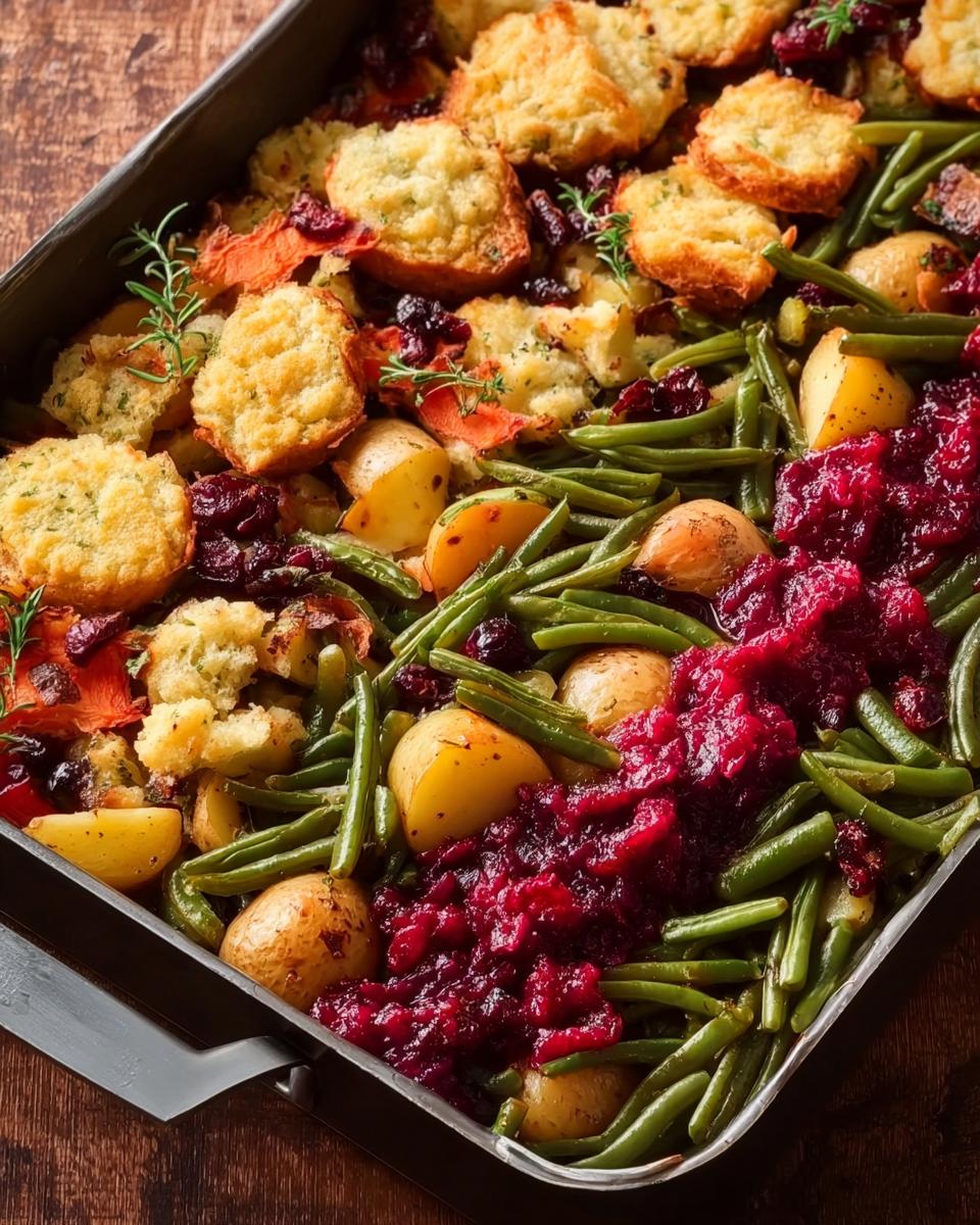 A close-up of a one-pan Thanksgiving dish featuring green beans, roasted potatoes, and a dollop of cranberry sauce.