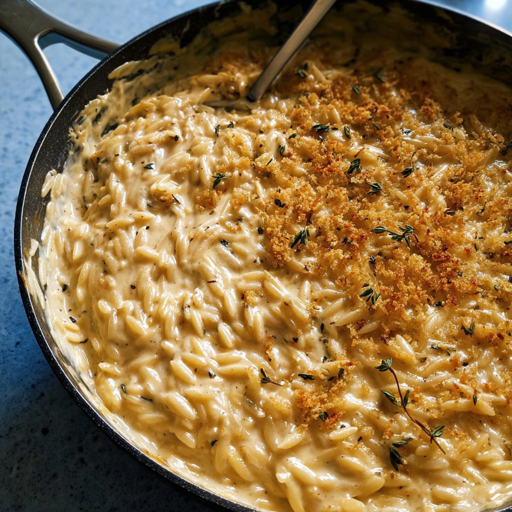 Close-up of creamy orzo pasta in a pan, topped with toasted breadcrumbs and fresh thyme. Perfect for one-pan Thanksgiving drinks.