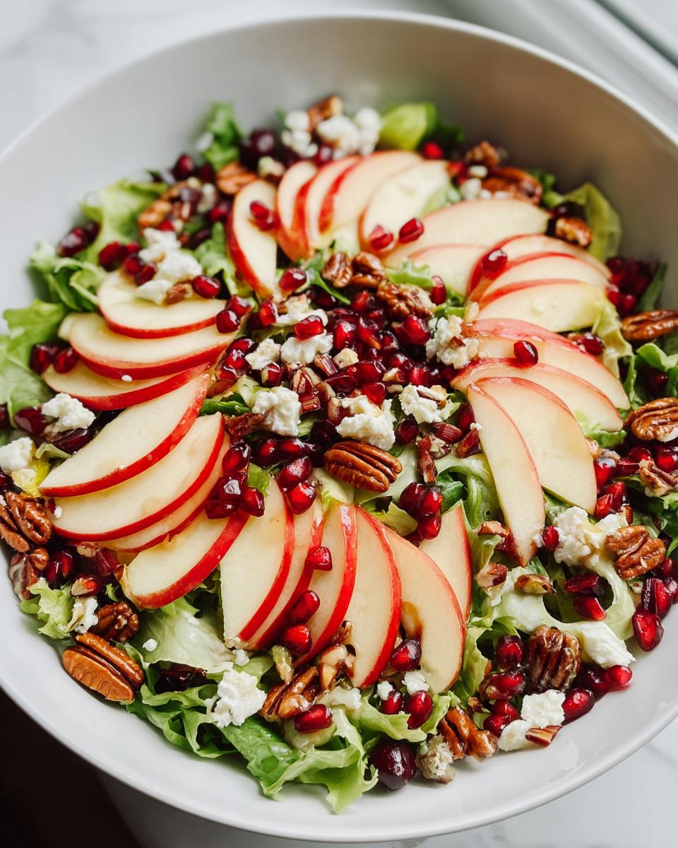 A vibrant One-Pan Thanksgiving Salad featuring crisp lettuce, sliced apples, pomegranate seeds, pecans, and crumbled cheese.