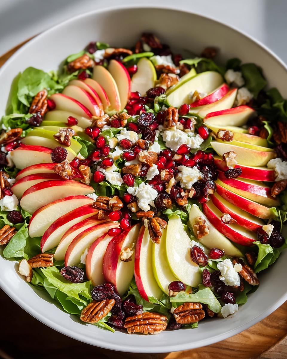 A colorful and vibrant one-pan Thanksgiving salad with apples, cranberries, pomegranate seeds, pecans, and feta cheese.