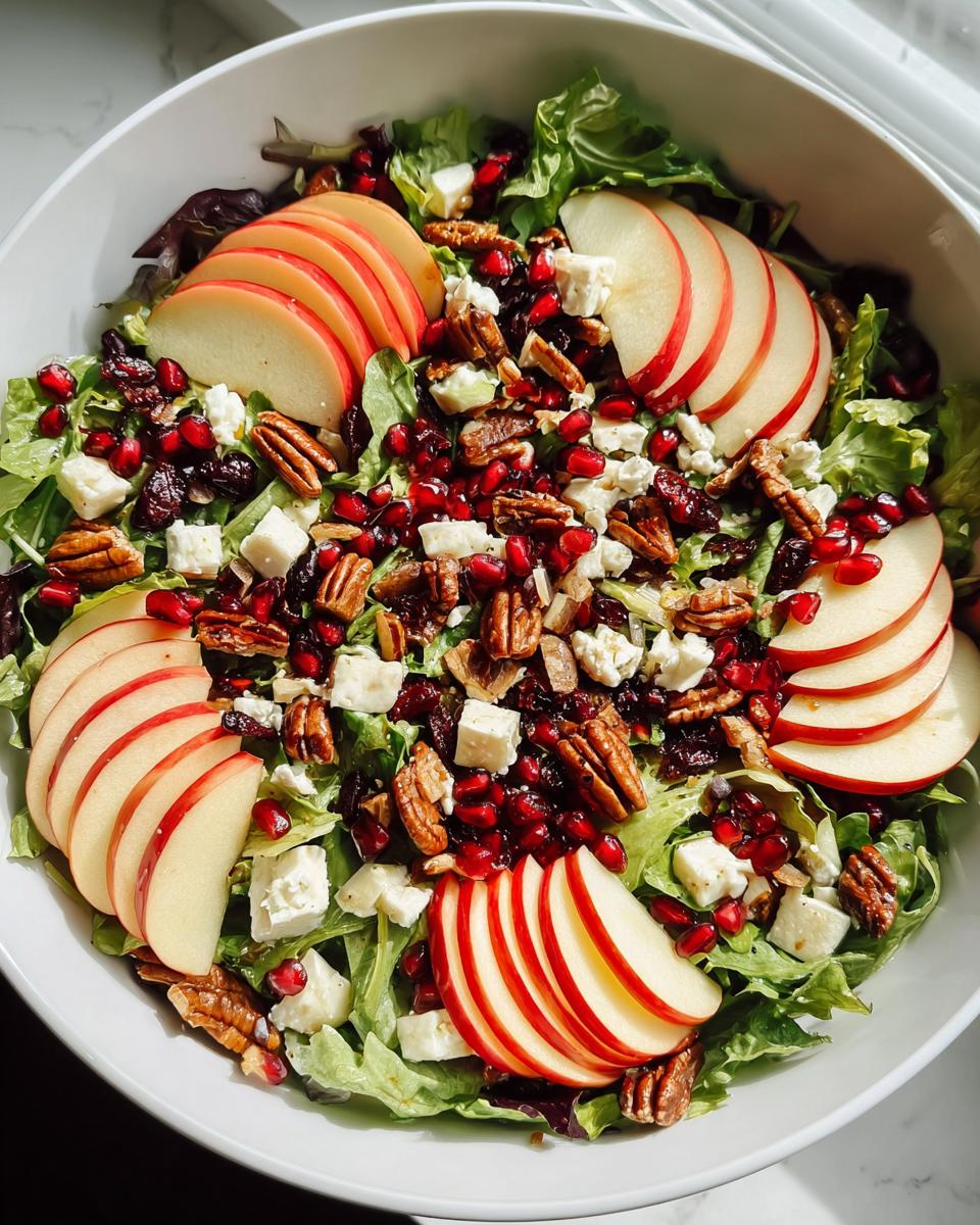 A vibrant One-Pan Thanksgiving Salad featuring fresh greens, sliced apples, pomegranate seeds, feta cheese, and pecans.