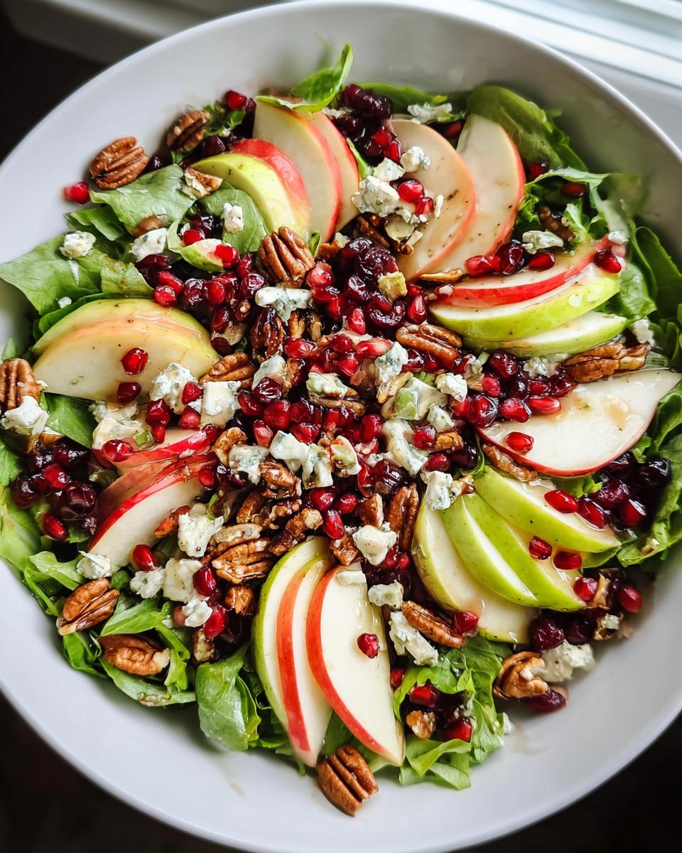 A vibrant One-Pan Thanksgiving Salad featuring crisp lettuce, sliced apples, pecans, pomegranate seeds, and crumbled blue cheese.