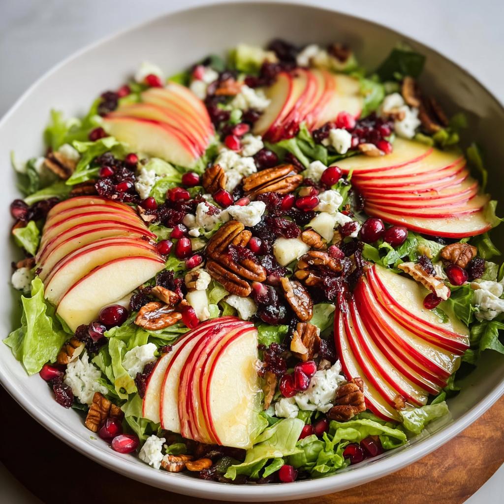 A vibrant One-Pan Thanksgiving Salad featuring crisp lettuce, sliced apples, pecans, pomegranate seeds, and crumbled blue cheese.