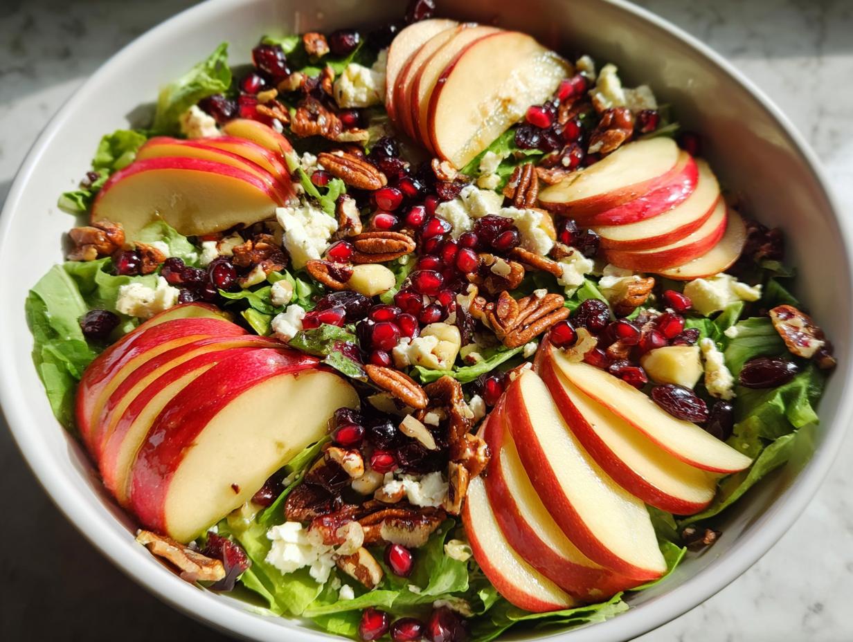 A vibrant One-Pan Thanksgiving Salad featuring sliced apples, pomegranate seeds, pecans, and crumbled cheese on a bed of lettuce.