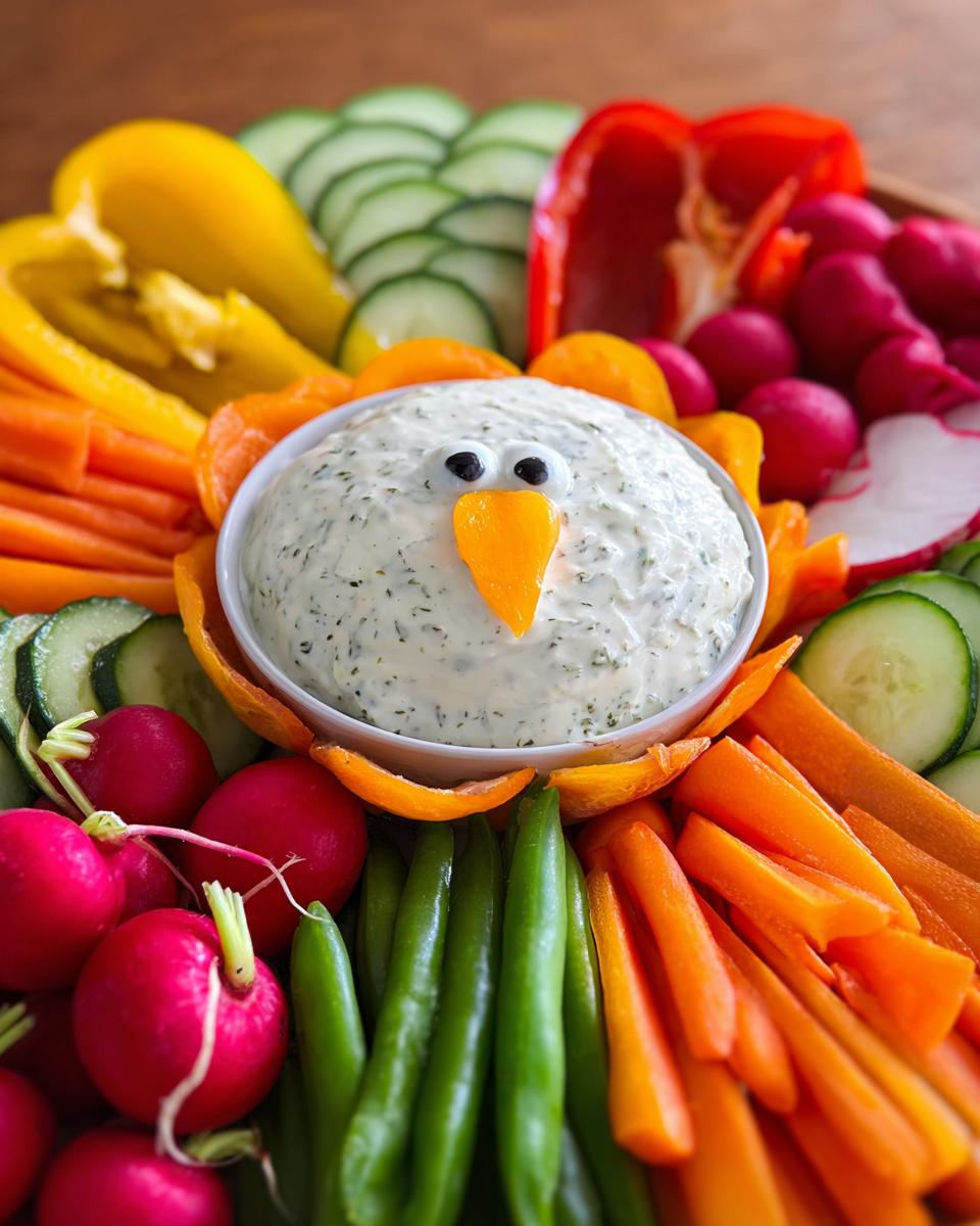 A fun turkey-shaped One-Pan Thanksgiving Veggie Tray with a dip as the body and colorful vegetables as feathers.