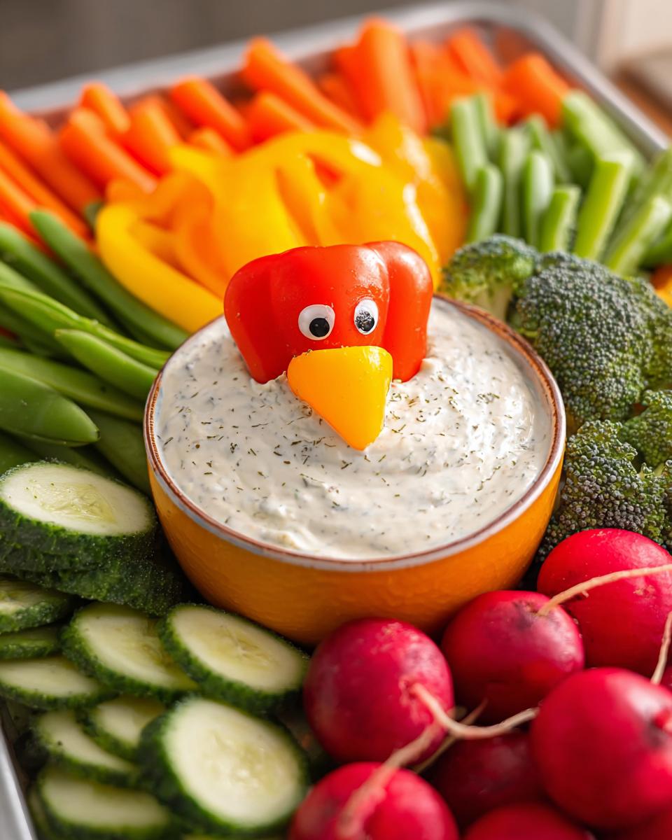 A fun turkey-shaped dip made from bell peppers and googly eyes, surrounded by a colorful One-Pan Thanksgiving Veggie Tray.