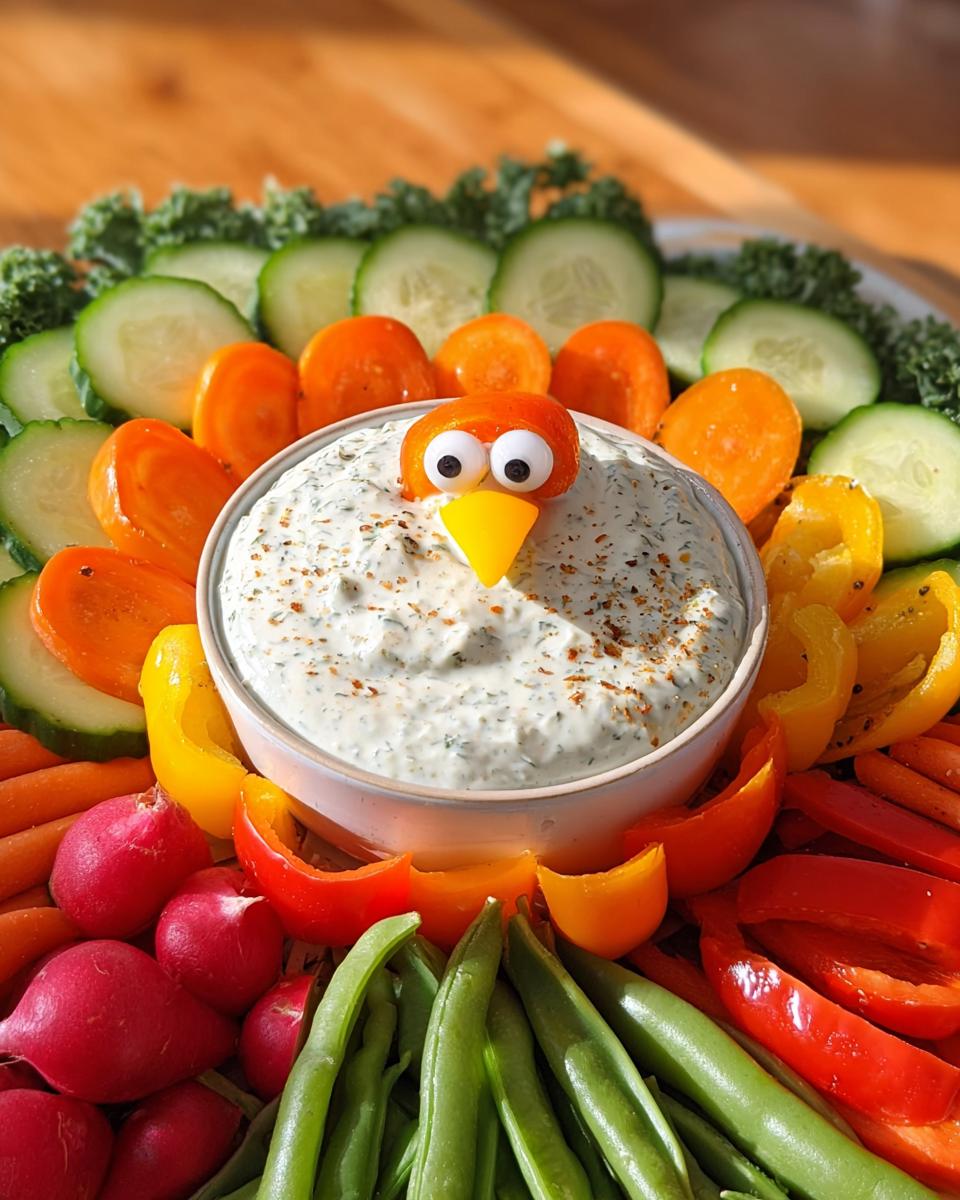 A fun turkey-shaped dip made with a tomato head and carrot beak, surrounded by colorful vegetables on a One-Pan Thanksgiving Veggie Tray.