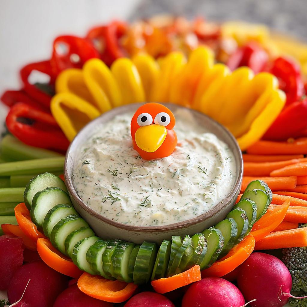 A festive One-Pan Thanksgiving Veggie Tray arranged like a turkey, featuring colorful vegetables and a creamy dip with a playful turkey decoration.