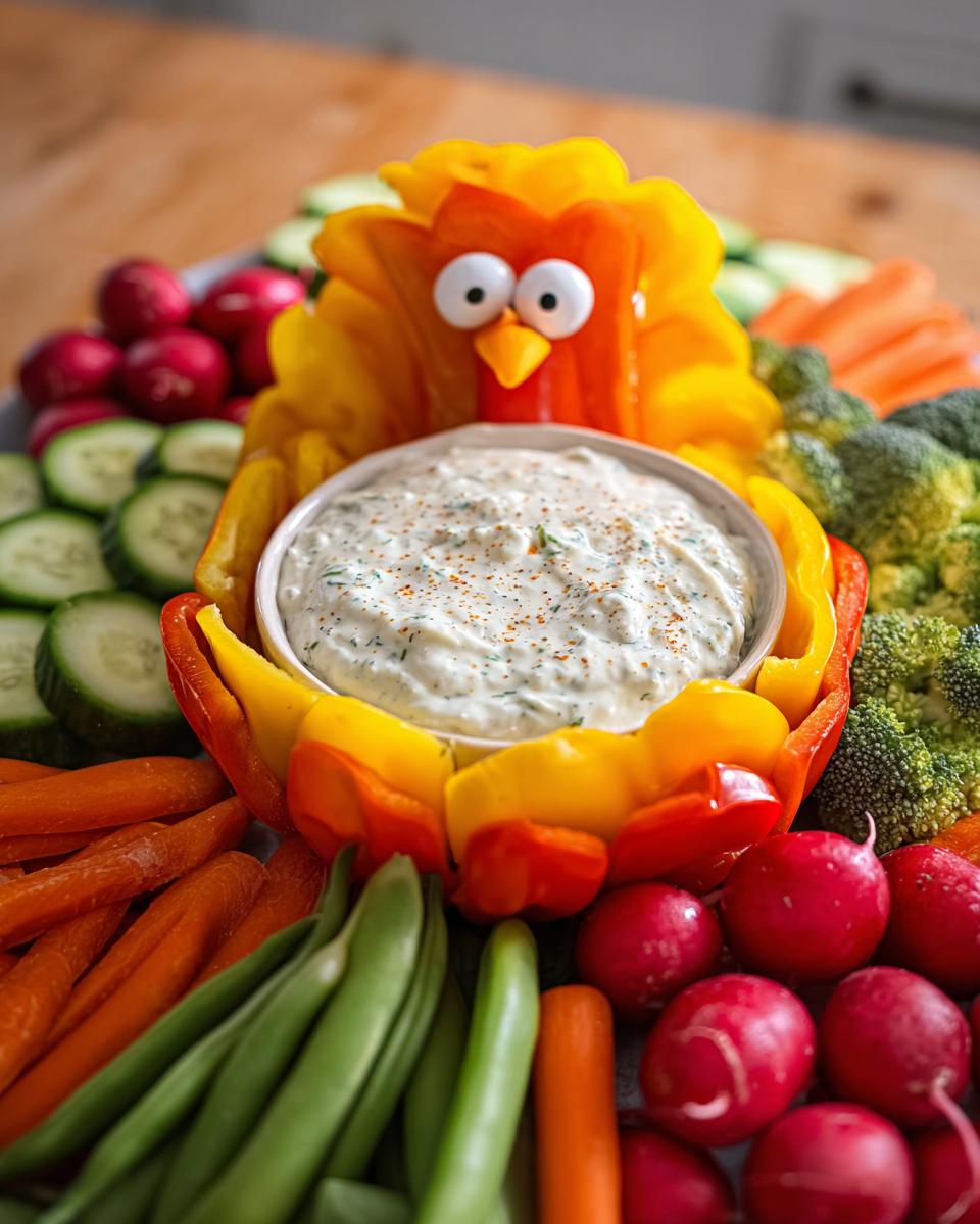 A fun One-Pan Thanksgiving Veggie Tray arranged in the shape of a turkey, with colorful vegetables surrounding a bowl of dip.