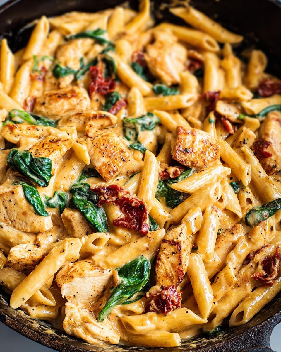 A close-up view of One Pot Creamy Tuscan Chicken Pasta with penne, spinach, and sun-dried tomatoes in a dark skillet.