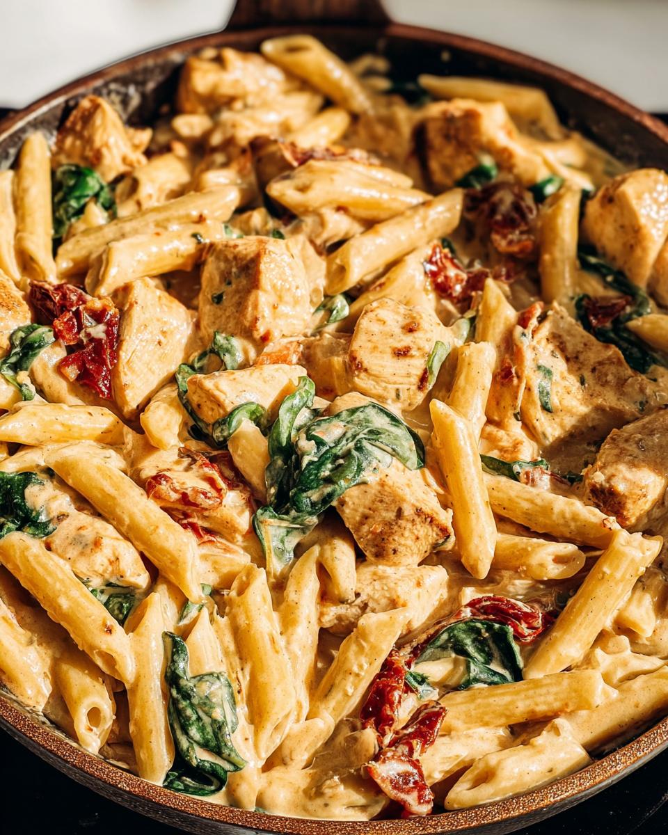 Close-up of penne pasta, chicken pieces, spinach, and sun-dried tomatoes in a rich sauce for One Pot Creamy Tuscan Chicken Pasta Recipe.