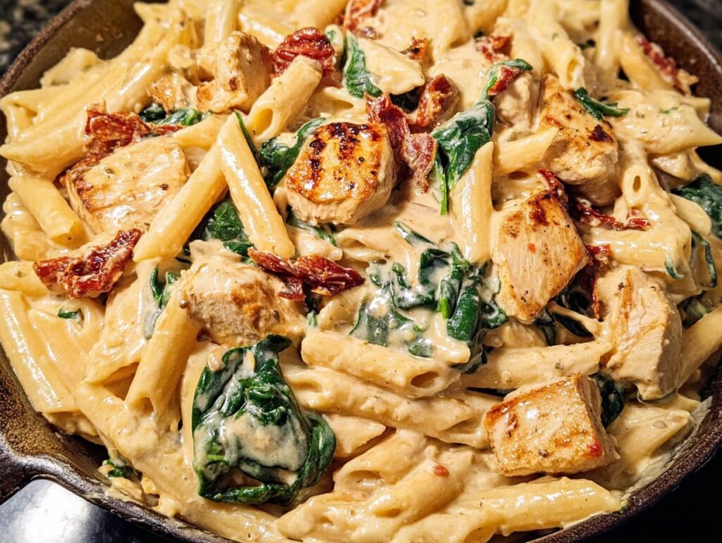 Close-up of One Pot Creamy Tuscan Chicken Pasta with penne, spinach, and sun-dried tomatoes.