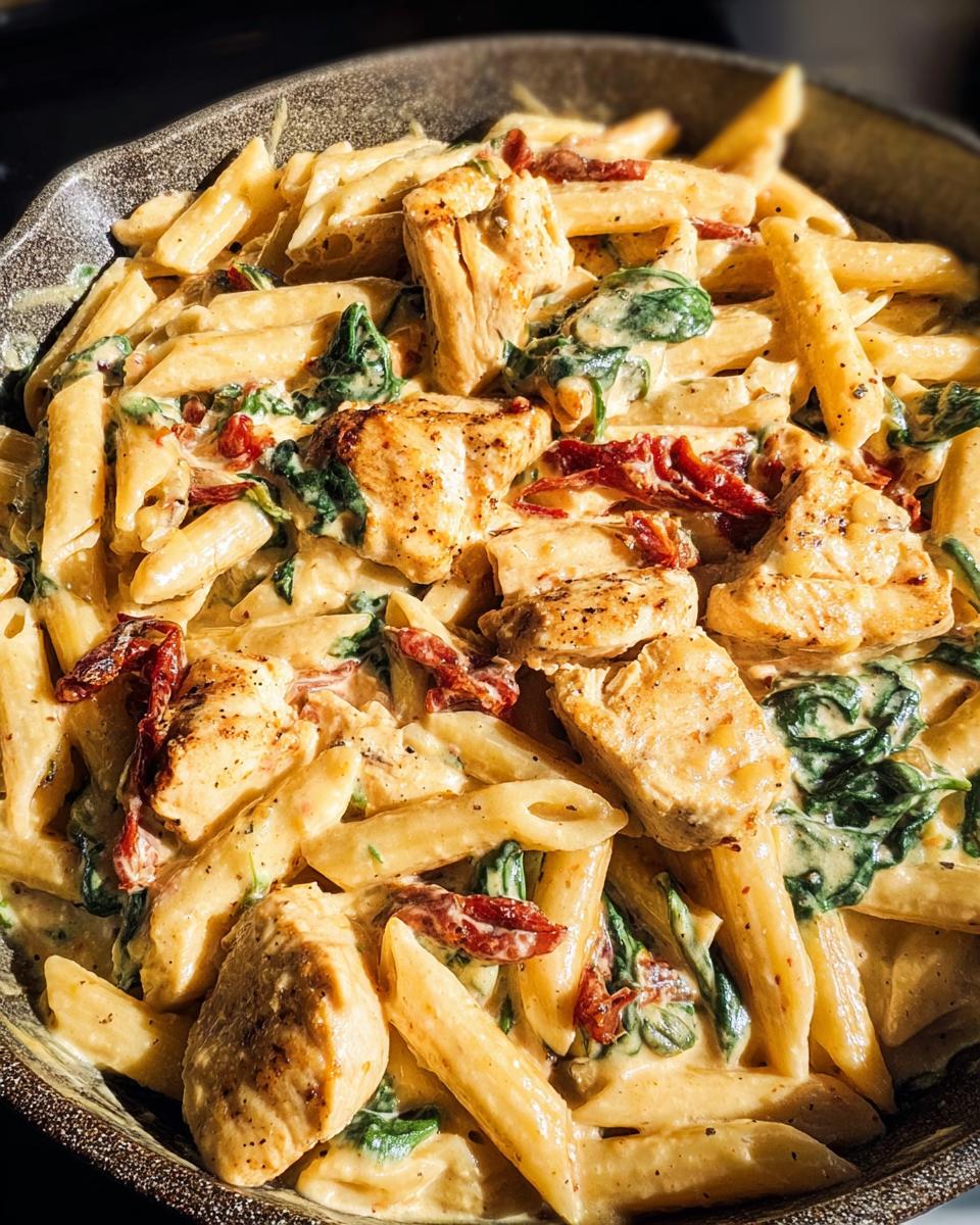 A close-up of One Pot Creamy Tuscan Chicken Pasta featuring penne, chicken pieces, spinach, and sun-dried tomatoes in a rich sauce.