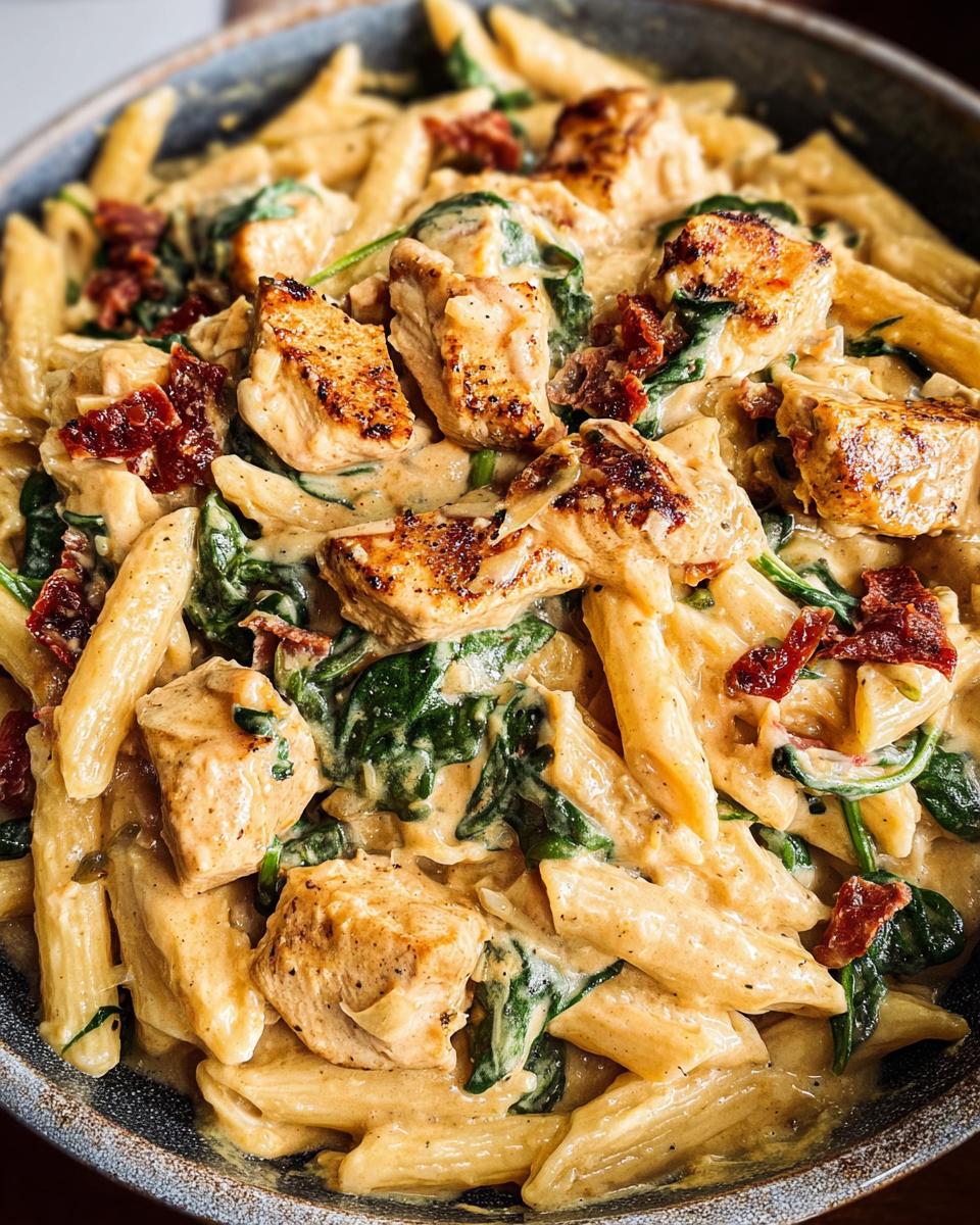 Close-up of One Pot Creamy Tuscan Chicken Pasta featuring penne, seared chicken chunks, spinach, and sun-dried tomatoes.