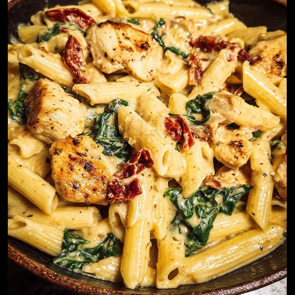 A close-up view of One Pot Creamy Tuscan Chicken Pasta featuring penne, grilled chicken pieces, spinach, and sun-dried tomatoes in a rich sauce.