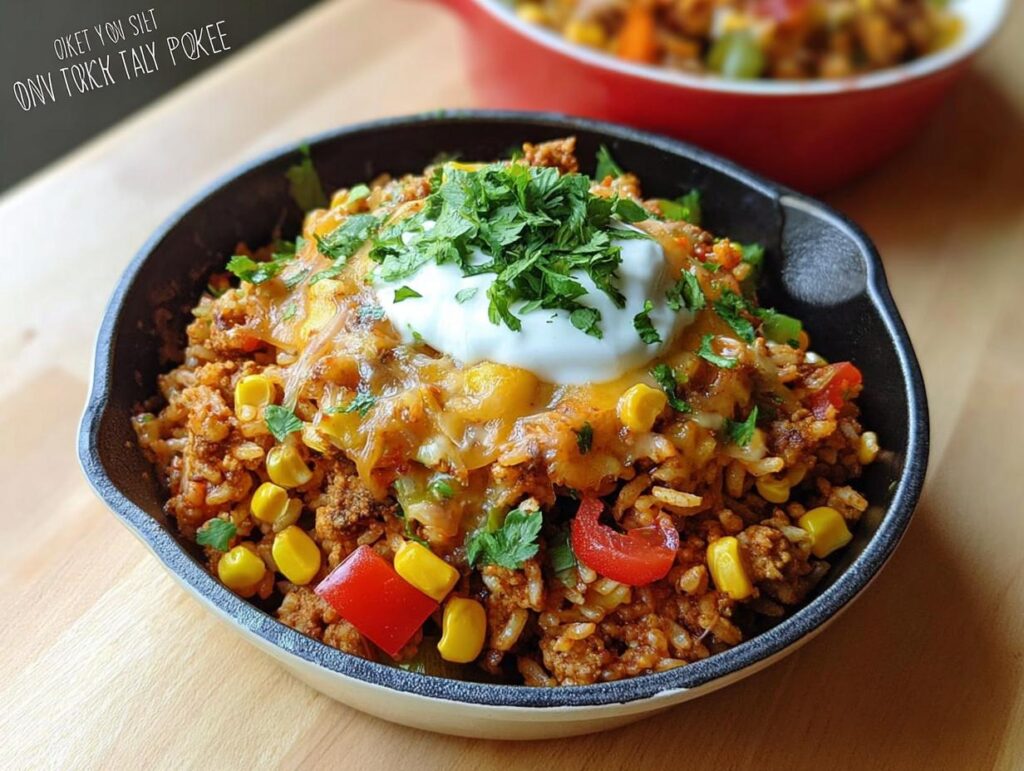 A close-up of a hearty One-Pot Turkey Taco Skillet topped with melted cheese, sour cream, and fresh cilantro.