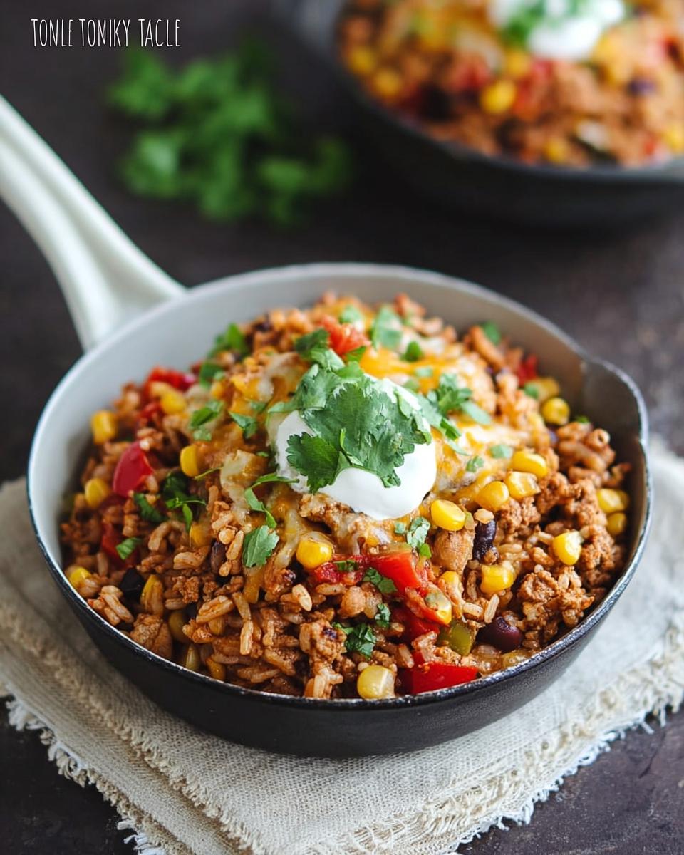 A close-up of a serving of One-Pot Turkey Taco Skillet in a cast iron pan, topped with cheese, sour cream, and cilantro.