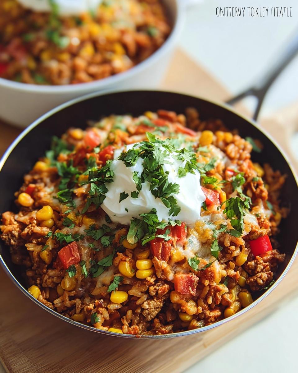 Close-up of a One-Pot Turkey Taco Skillet filled with seasoned ground turkey, rice, corn, tomatoes, and melted cheese, topped with sour cream and cilantro.