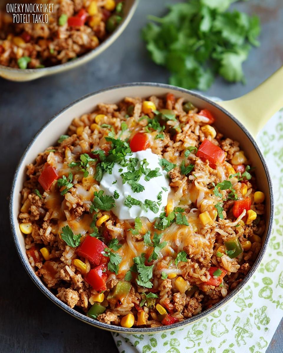 A close-up of a One-Pot Turkey Taco Skillet filled with seasoned ground turkey, rice, corn, peppers, and topped with melted cheese, sour cream, and cilantro.