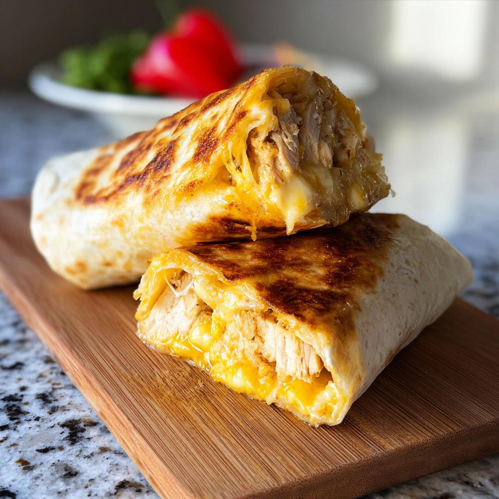 Two Ooey-Gooey Cheesy Garlic Chicken Wraps cut in half, revealing shredded chicken and melted cheese.