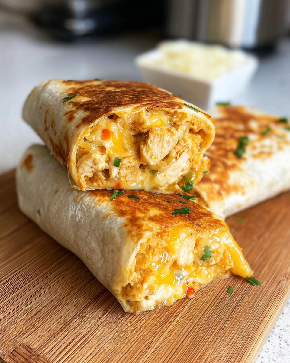 Close-up of Ooey-Gooey Cheesy Garlic Chicken Wraps, cut in half to reveal shredded chicken and melted cheese.