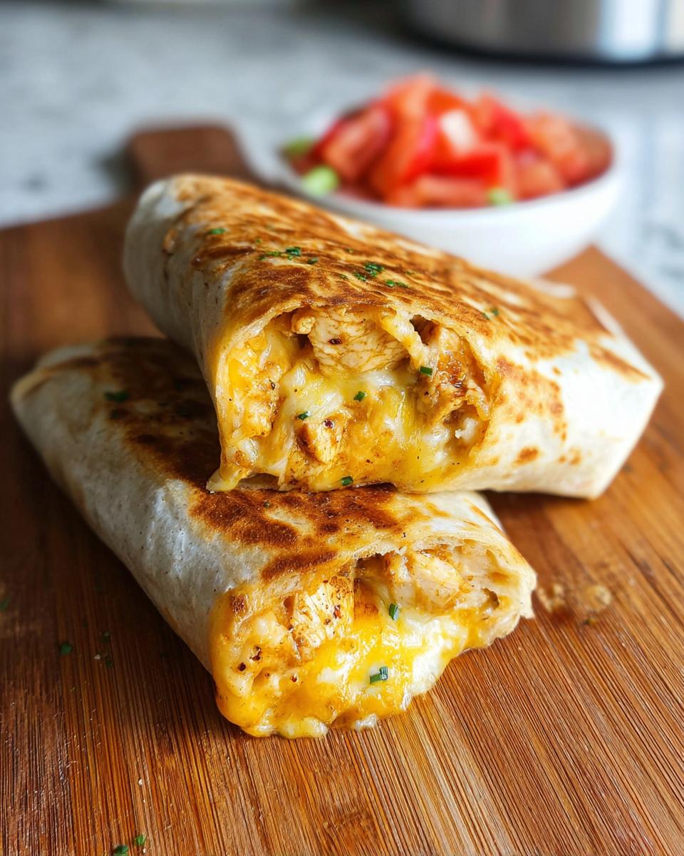 Close-up of Ooey-Gooey Cheesy Garlic Chicken Wraps cut in half, showing melted cheese and chicken filling.