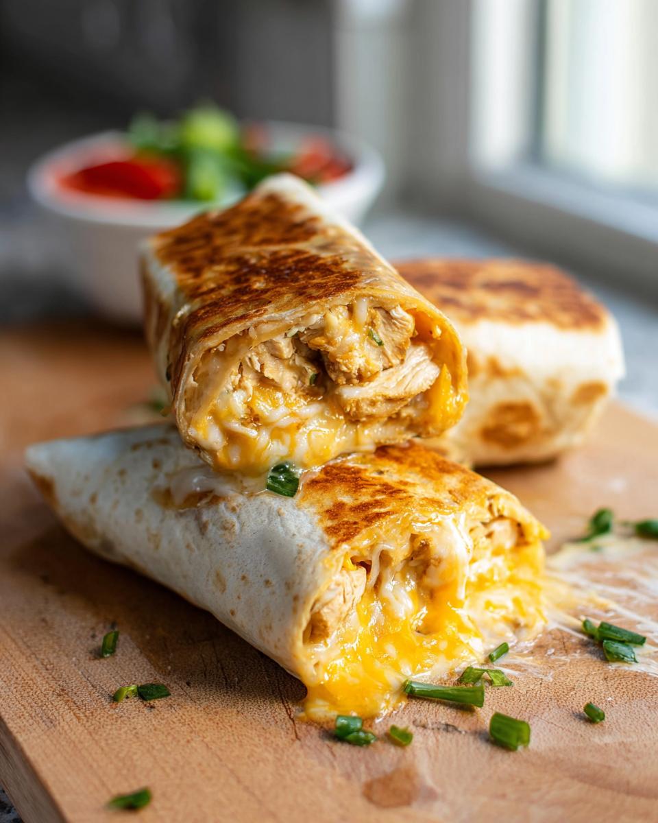 Close-up of Ooey-Gooey Cheesy Garlic Chicken Wraps, with cheese oozing out, garnished with chives.