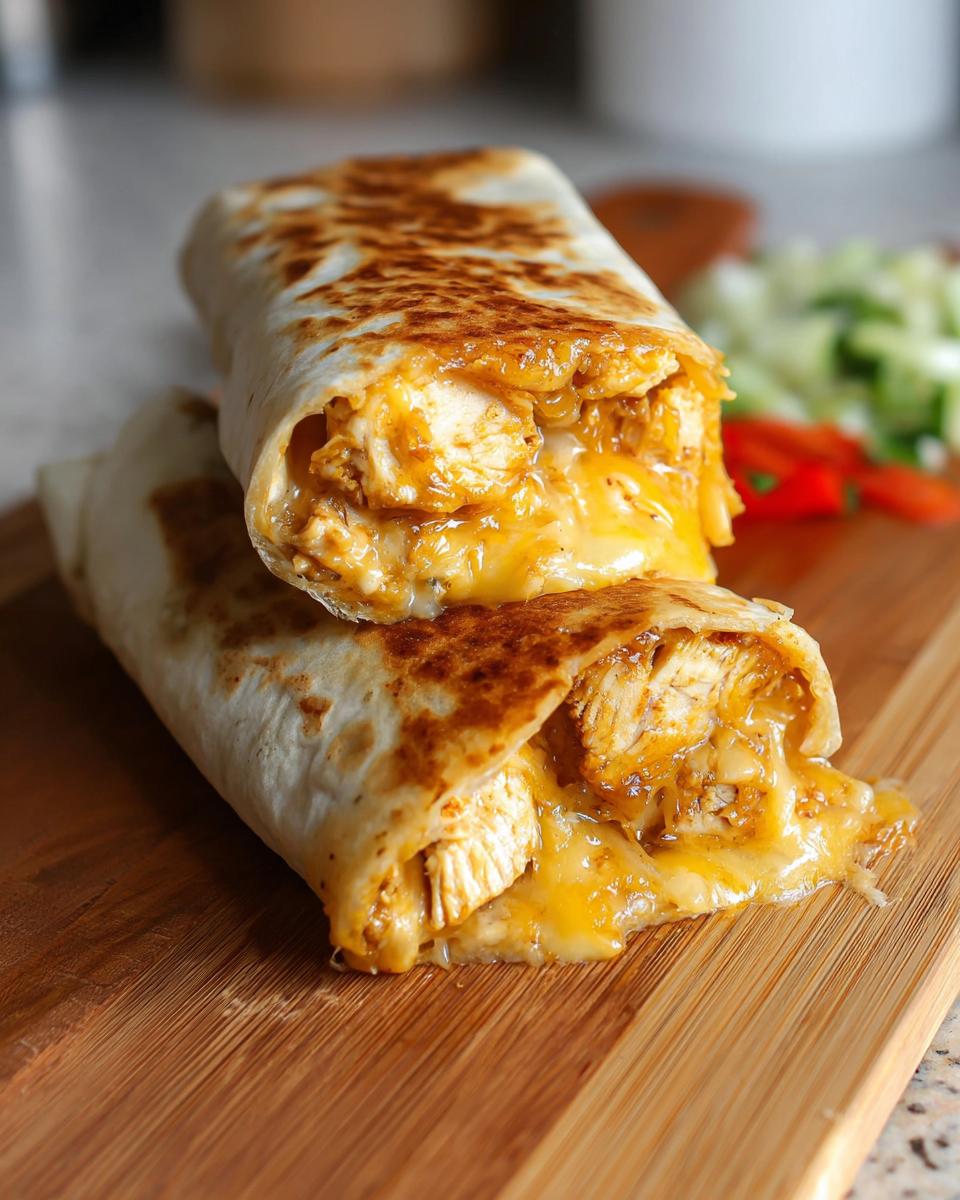Two Ooey-Gooey Cheesy Garlic Chicken Wraps stacked on a wooden board, with melted cheese oozing out.