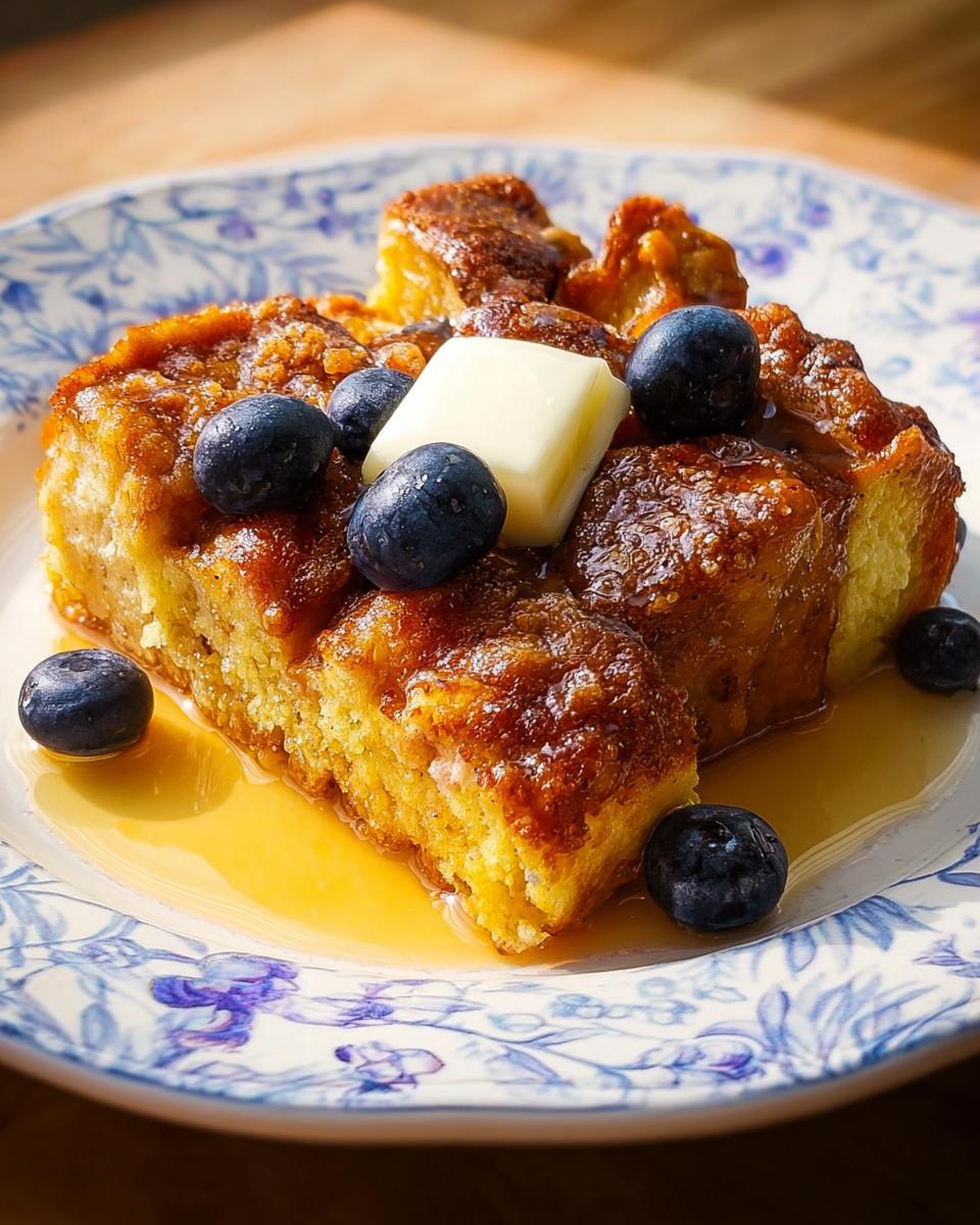 A golden slice of Overnight French Toast Bake topped with butter, fresh blueberries, and maple syrup on a blue and white plate.