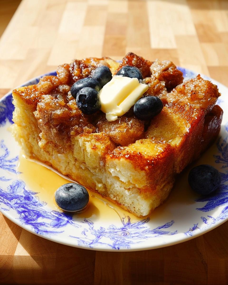 A thick slice of Overnight French Toast Bake topped with butter, fresh blueberries, and syrup on a blue and white plate.