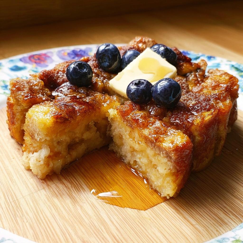 A close-up of a square serving of Overnight French Toast Bake, topped with butter, blueberries, and syrup.