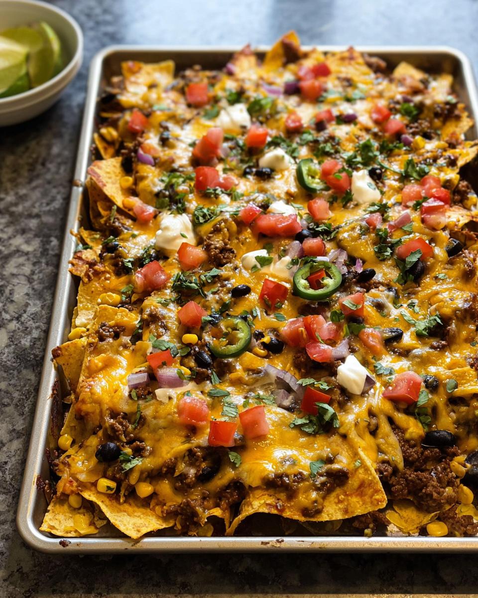 A full sheet pan of loaded Sheet Pan Nachos covered in melted cheese, ground beef, and fresh toppings.