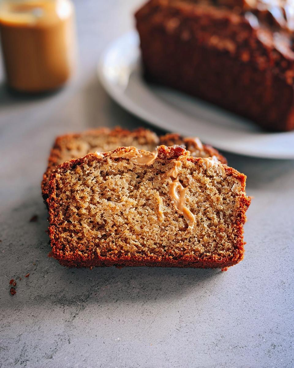 A close-up slice of moist Peanut Butter Banana Bread topped with melted peanut butter.