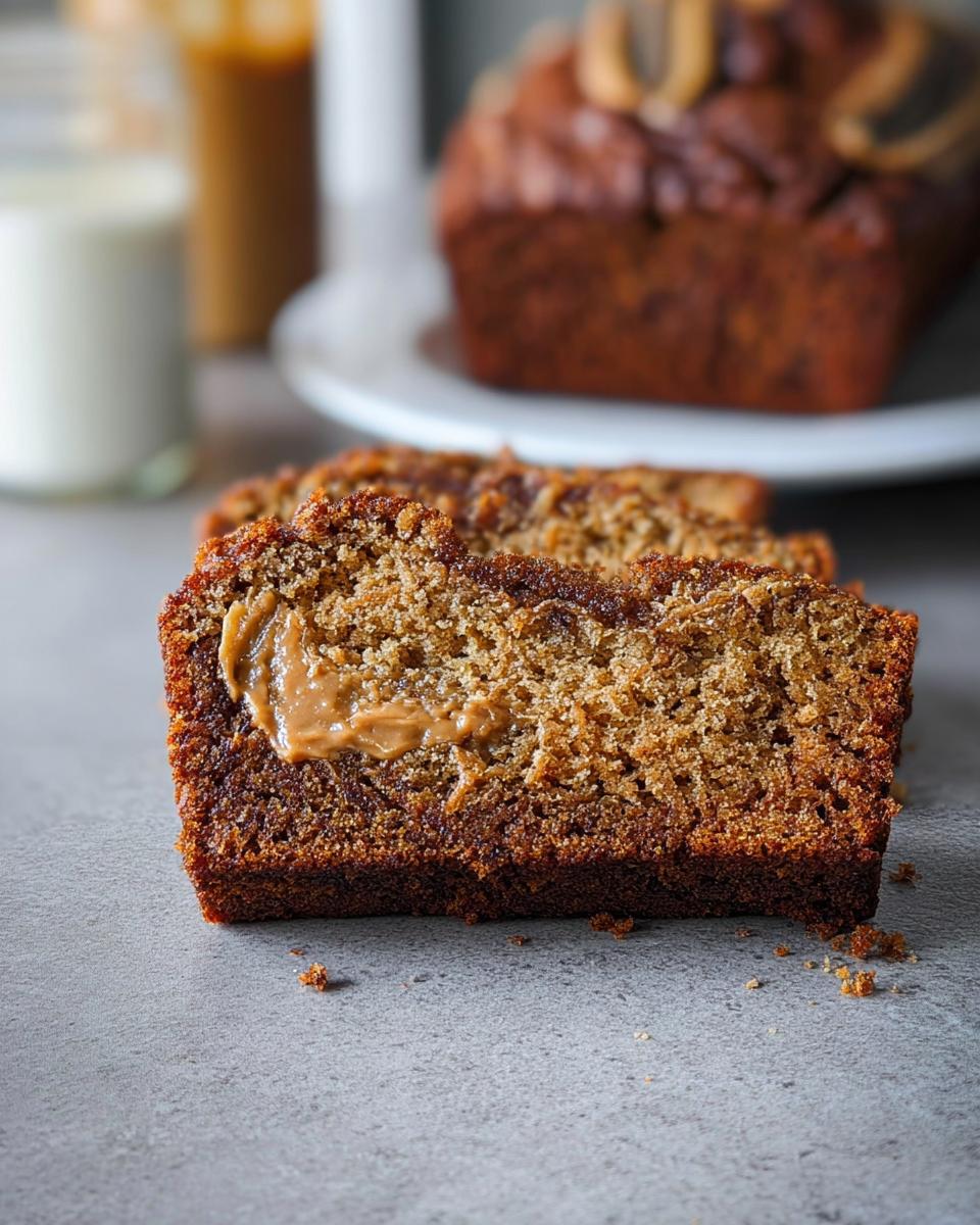 Close-up of a moist slice of Peanut Butter Banana Bread topped with a dollop of peanut butter.