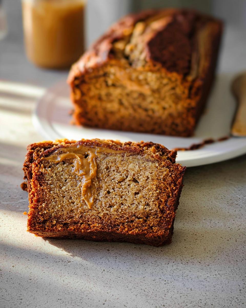 Close-up of a slice of moist Peanut Butter Banana Bread topped with a swirl of melted peanut butter.