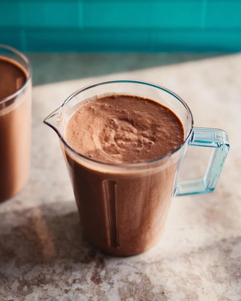 Close-up of a thick, chocolate-colored Peanut Butter Protein Smoothie inside a clear blender pitcher.