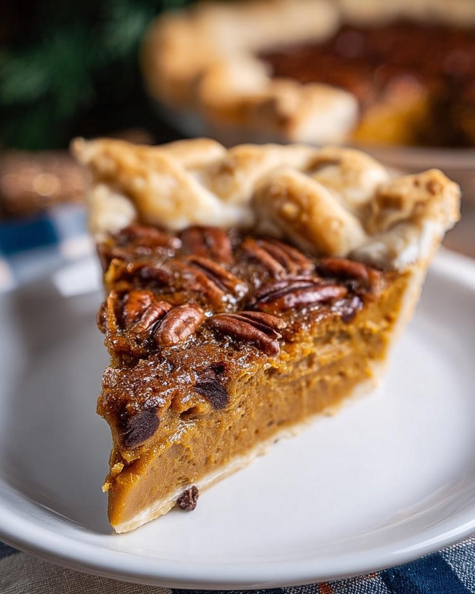 A tempting slice of pecan pumpkin pie, a perfect addition to your Thanksgiving desserts, with a flaky crust and rich filling.