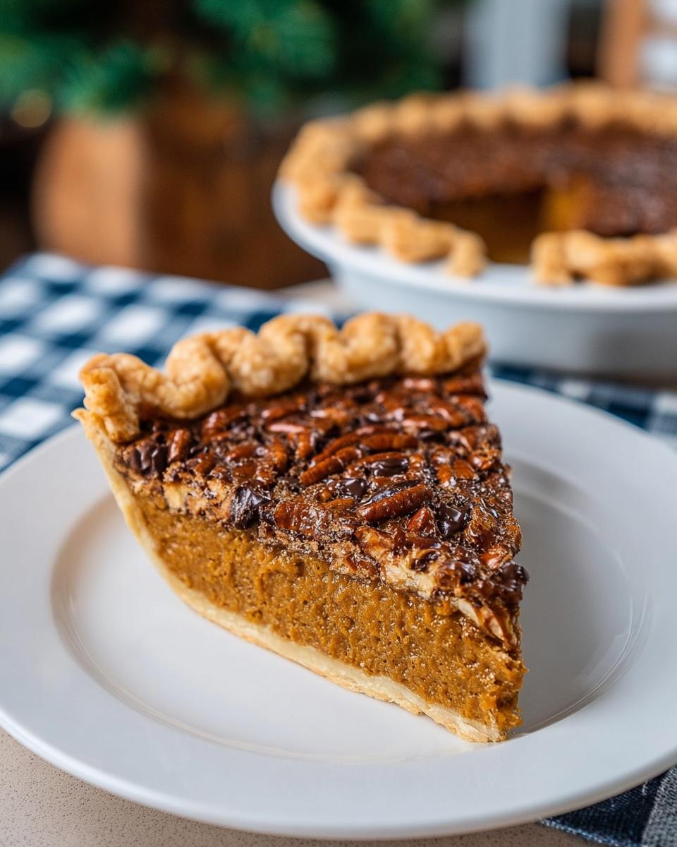 A slice of pecan pumpkin pie, a perfect Thanksgiving dessert, on a white plate with a whole pie in the background.