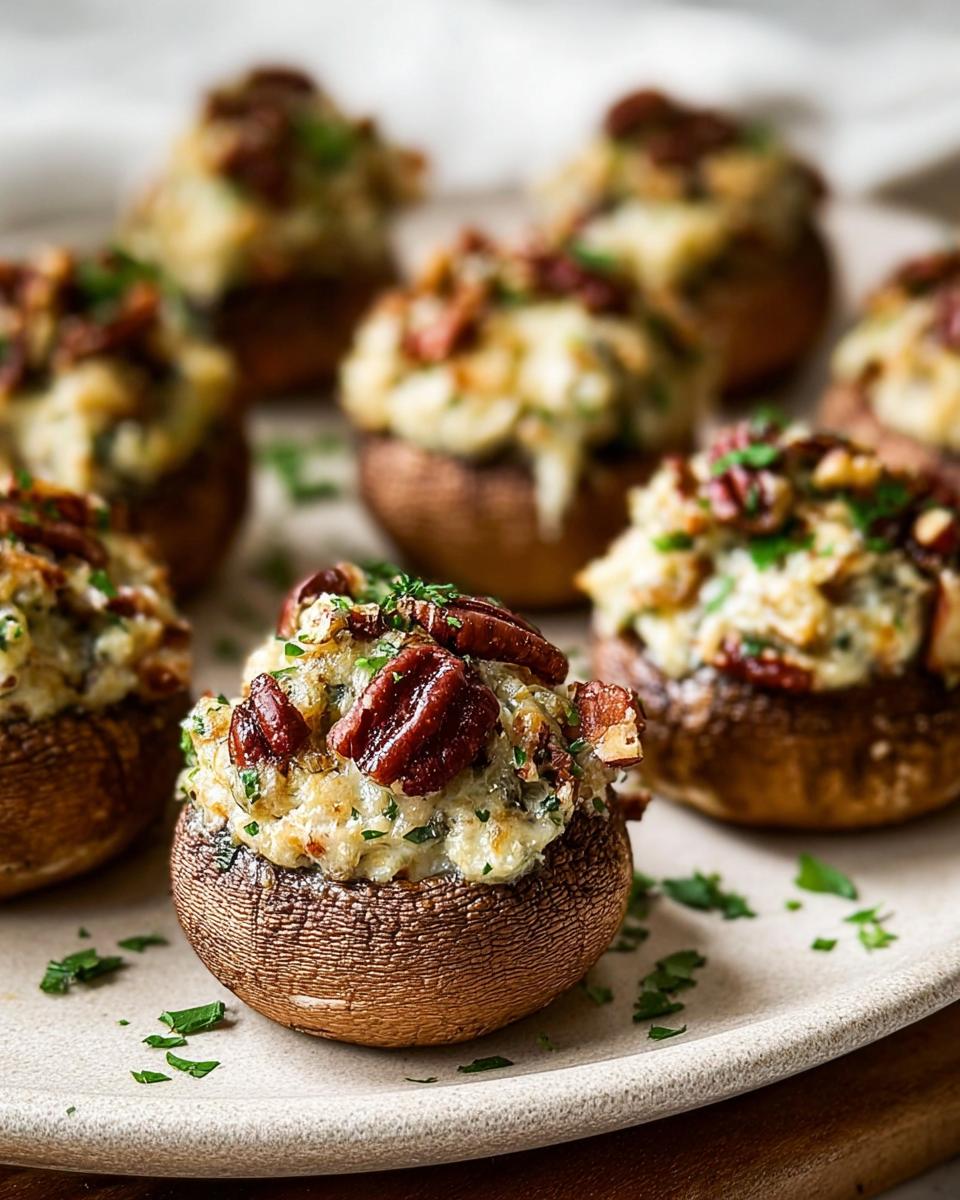 A close-up of one perfectly baked Stuffed Mushroom topped with creamy filling and pecans, ready to serve.