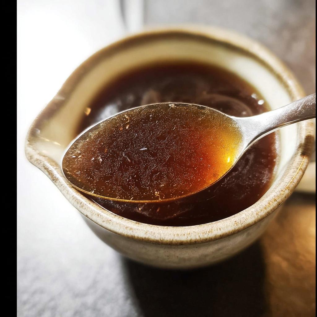 Close-up of a spoonful of rich, dark brown liquid from the perfect Au Jus Recipe in a small ceramic bowl.
